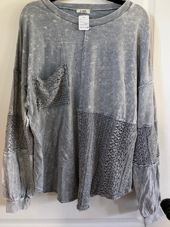 J.Her Tops - NWT J. Her Oversized Mineral Wash Lace Patch Long Sleeve Pullover Shirt Sz L